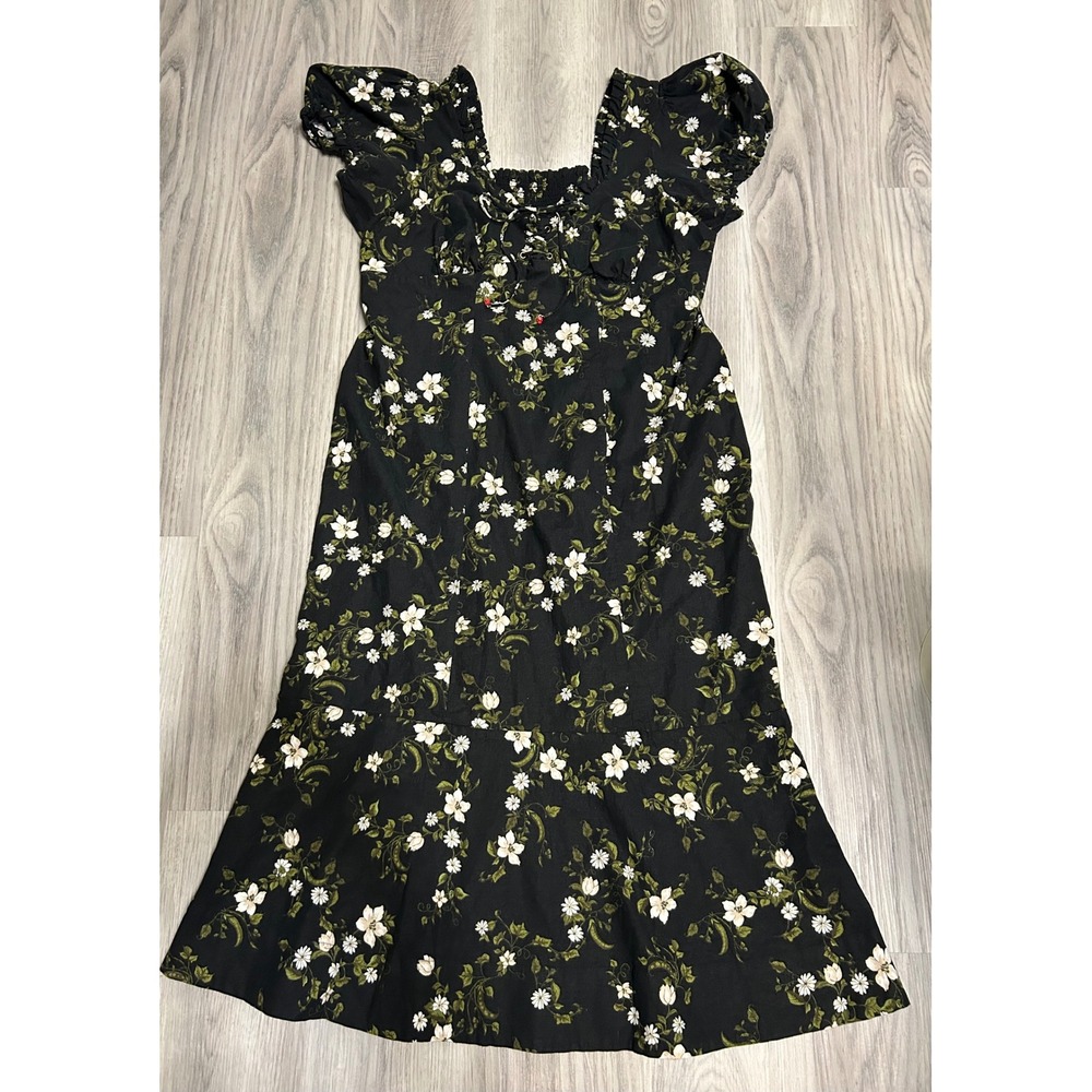 Maeve Black Floral Puff Sleeve Square Neck Corset Midi Dress Plus‎ Size 1X